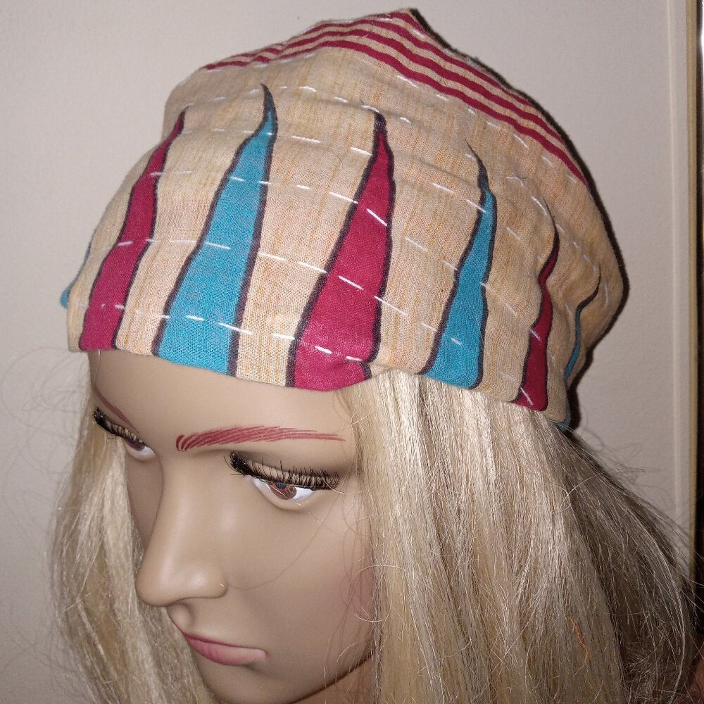 Kantha Headband Tan Teal Red Wide Cotton Handmade Boho Hippie Gypsy New H116.